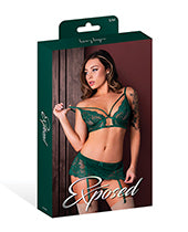 Evermore Bralette w/Skirt Garter &amp; Thong 3 pc Set - Emerald S/M