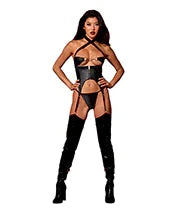 Faux Leather Bustier w/Gold Details &amp; G-String 2 pc Set - Black O/S
