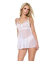 Scallop Stretch Lace &amp; Mesh Babydoll w/Thong - White XL