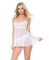 Scallop Stretch Lace &amp; Mesh Babydoll w/Thong - White SM