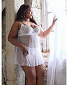 Scallop Stretch Lace &amp; Mesh Babydoll w/Thong - White 1X/2X