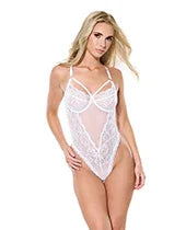 Floral Scallop Stretch Lace &amp; Mesh Teddy - White MD