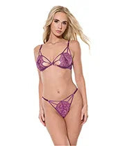 Metallic Scallop Stretch Lace Bra &amp;/G-String - Purple MD