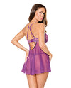 Metallic Stretch Lace &amp; Mesh Babydoll w/Thong - Purple XL