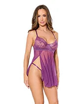Metallic Stretch Lace &amp; Mesh Babydoll w/Thong - Purple XL