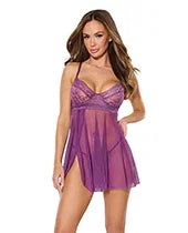 Metallic Stretch Lace &amp; Mesh Babydoll w/Thong - Purple XL