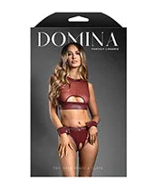 Domina Sheer Mesh &amp; Vegan Leather 3 pc Set w/Crotchless Panty &amp; Handcuffs - Burgundy M/L