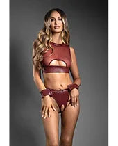 Domina Sheer Mesh &amp; Vegan Leather 3 pc Set w/Crotchless Panty &amp; Handcuffs - Burgundy M/L