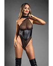Domina Sheer Mesh Halter Teddy w/Wet Look Cinch Waist &amp; Zipper Crotch - Black M/L