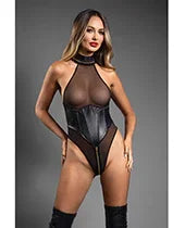 Domina Sheer Mesh Halter Teddy w/Wet Look Cinch Waist &amp; Zipper Crotch - Black M/L