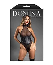 Domina Sheer Mesh Halter Teddy w/Wet Look Cinch Waist &amp; Zipper Crotch - Black L/XL