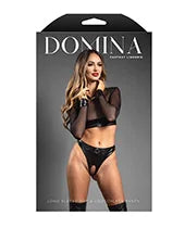 Domina Sheer Mesh &amp; Vegan Leather 2 pc Set w/Crotchless Thong &amp; Gold Restraint Clasps - Black S/M
