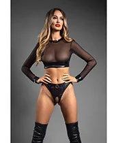 Domina Sheer Mesh &amp; Vegan Leather 2 pc Set w/Crotchless Thong &amp; Gold Restraint Clasps - Black M/L