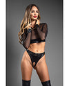 Domina Sheer Mesh &amp; Vegan Leather 2 pc Set w/Crotchless Thong &amp; Gold Restraint Clasps - Black L/XL