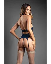 Domina Sheer Mesh Gartered Bustier w/Detachable Choker &amp; G-String 2 pc Set - Navy M/L