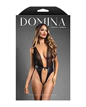 Domina Plunge Front Sheer Mesh &amp; Vegan Leather Teddy w/Lock &amp; Key - Black M/L