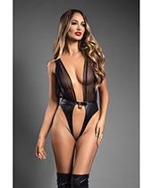 Domina Plunge Front Sheer Mesh &amp; Vegan Leather Teddy w/Lock &amp; Key - Black M/L