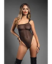 Domina One-Shoulder Sheer Mesh Teddy w/Rope Cuffs - Black S/M