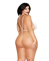 Stretch Lace Teddy w/Removable Pearl Harness - White QN