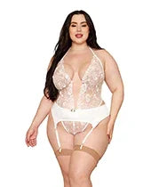 Rose Embroidered Lace Teddy w/Removable Satin Garter 2 pc Set - White 1X