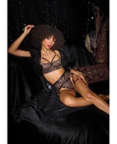 Lace Underwire Bralette w/Thong &amp; Garter - Black/Rose Gold MD