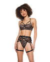 Lace Underwire Bralette w/Thong &amp; Garter - Black/Rose Gold MD