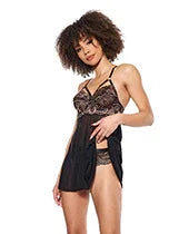 Lace and Mesh Underwire Babydoll w/Thong - Black/Rose Gold SM