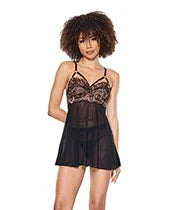 Lace and Mesh Underwire Babydoll w/Thong - Black/Rose Gold SM