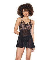 Lace and Mesh Underwire Babydoll w/Thong - Black/Rose Gold MD