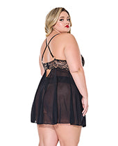 Lace and Mesh Underwire Babydoll w/Thong - Black/Rose Gold 1X/2X
