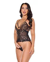 Lace and Mesh Teddy w/Removable Backless Panty - Black/Rose Gold LG