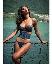 Eden Scalloped Eyelash Lace &amp; Wet Look Waspie 3 pc Set - Teal SM