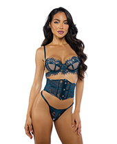 Eden Scalloped Eyelash Lace &amp; Wet Look Waspie 3 pc Set - Teal LG